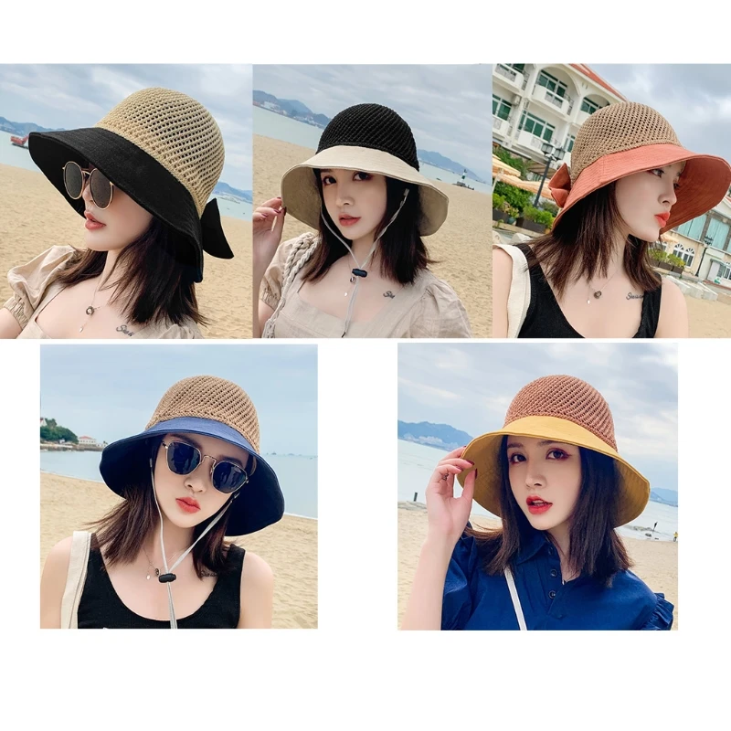 

Женский летний сетчатый топ для солнцезащитного козырька, пляжная шляпа с раздельными дискетами и широкими полями, милый бантик,