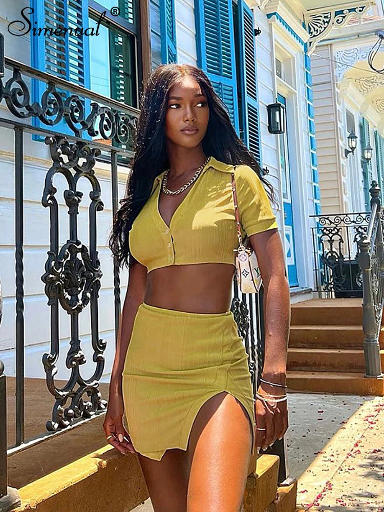 Simenual Pure Color Set Woman 2 Pieces Buttons Up Lapel Short Sleeve Crop Top Elastic Split Mini Skirt Streetwear Co-ord Suits
Simenual Pure Color Set Woman 2 Pieces Buttons Up Lapel Short Sleeve Crop Top Elastic Split Mini Skirt Streetwear Co-ord Suits