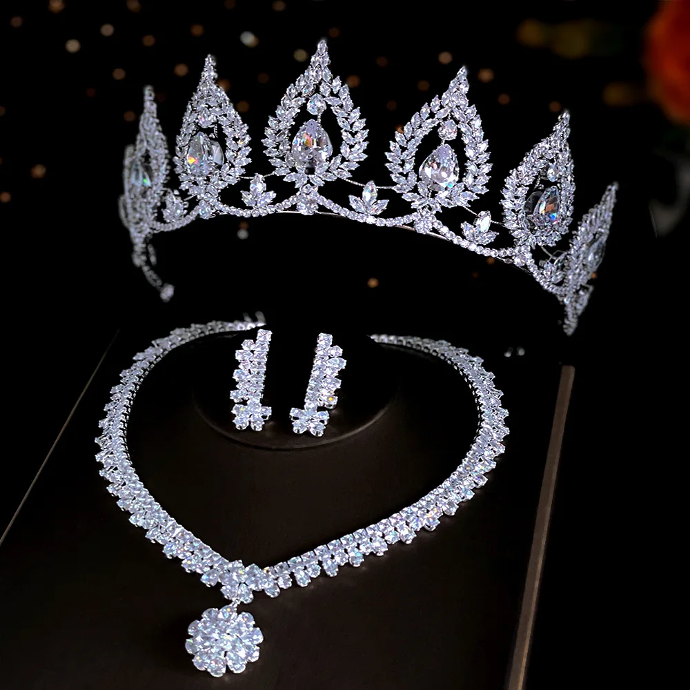 

European and American Gorgeous Crystal Crowns Earrings Tiaras AAA Cubic Zirconia Kорона Bride Headband Wedding Headdress