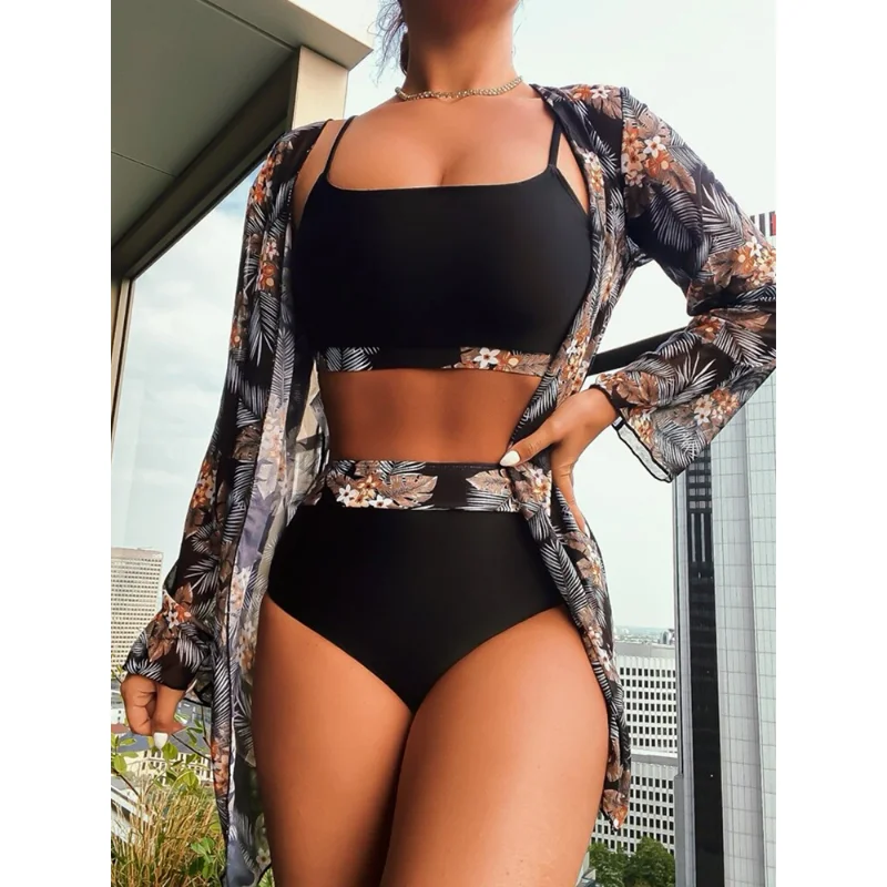 

3Pack Random Tropical Print Bikini Sets Cover Up Women High Waist Swimsuit with Kimono Summer Beach Swimwear Bathing Suits