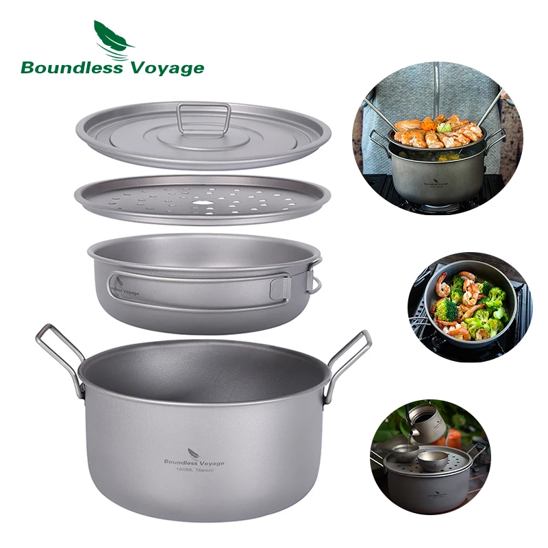 Boundless Voyage Titanium Steamer Pot Frying Pan Set Outdoor Camping Cookware with Lid Soup Wok Tea Tray Saucepan Mess Kit 
Boundless Voyage Titanium Steamer Pot Frying Pan Set Outdoor Camping Cookware with Lid Soup Wok Tea Tray Saucepan Mess Kit
