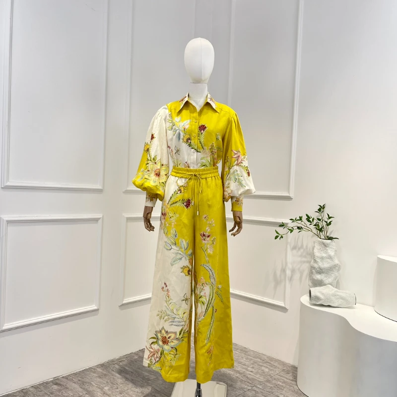 2023 Spring Summer Top Quality Women Fashion Yellow Linen Lantern Sleeve Turn-down Collar Drawstring Blouse and Pants Sets
2023 Spring Summer Top Quality Women Fashion Yellow Linen Lantern Sleeve Turn-down Collar Drawstring Blouse and Pants Sets