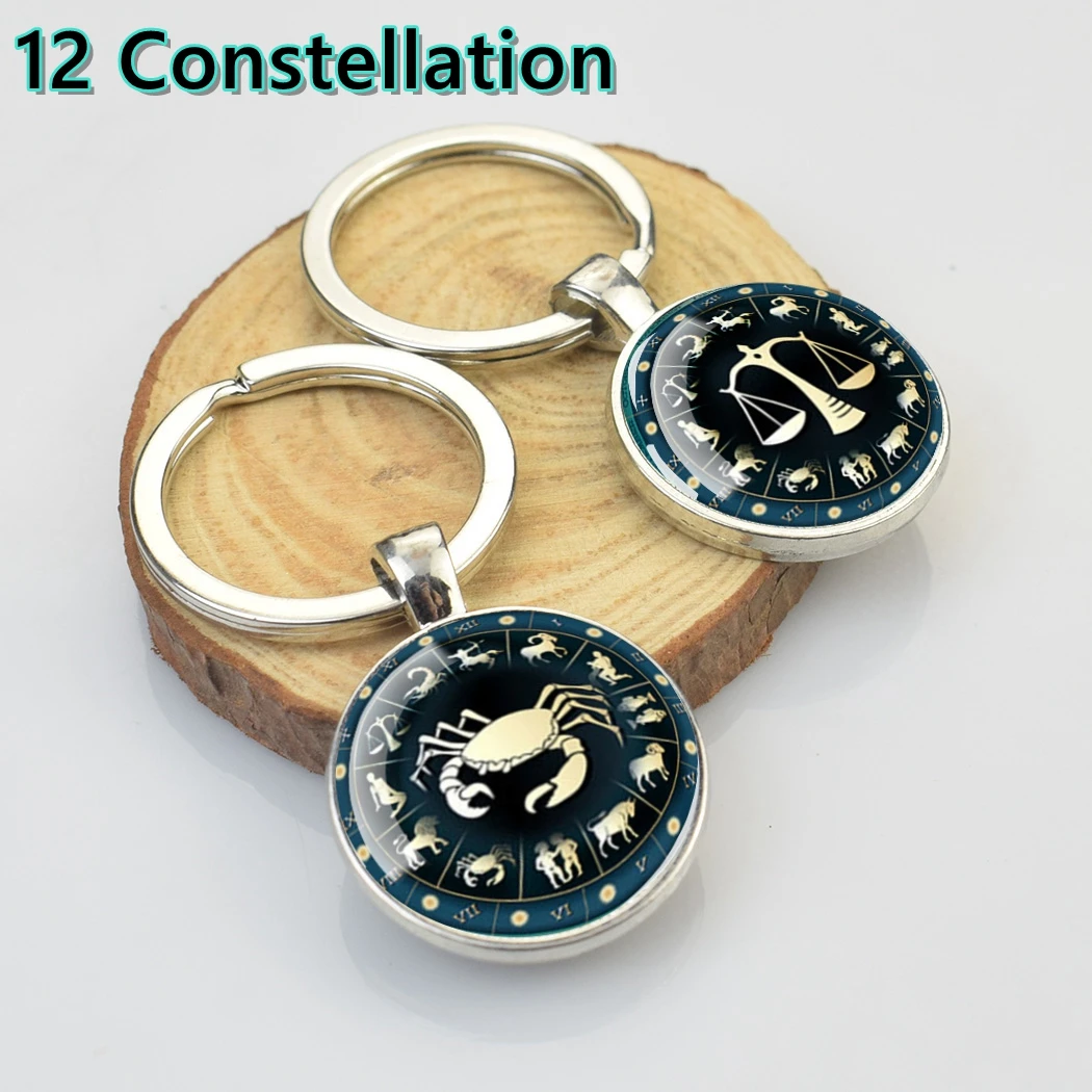 

Fashion Zodiac Pendant Keychain 12Constellation Wheel Double Sided Glass Convex Gem Pendant Keyring Favors for Unisex Pet Choker