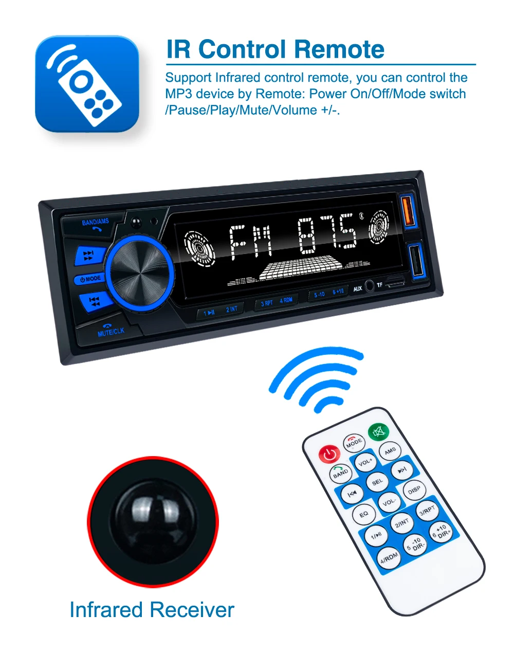 Автомобильный MP3 FM-радиотюнер со светодиодным сегментным дисплеем, AUX вход, функция USB зарядки с дистанционным управлением на рулевом колесе
Автомобильный MP3 FM-радиотюнер со светодиодным сегментным дисплеем, AUX вход, функция USB зарядки с дистанционным управлением на рулевом колесе