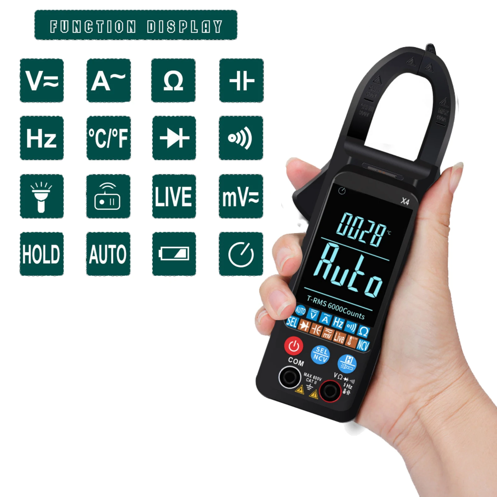 X4 6000 Counts Multimeter Ammeter Voltage Tester Big Color Screen NCV Ohm Test Digital Clamp Meter Voltage AC Current Tester
X4 6000 Counts Multimeter Ammeter Voltage Tester Big Color Screen NCV Ohm Test Digital Clamp Meter Voltage AC Current Tester