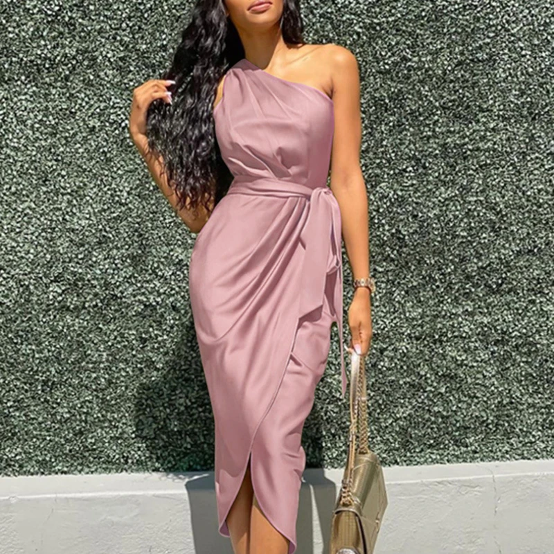 Irregular Slanted Shoulder Slim Dress Female Solid Satin Mid-Length Dress Woman Casual Grace Simple Slim High Waist Dresses
Irregular Slanted Shoulder Slim Dress Female Solid Satin Mid-Length Dress Woman Casual Grace Simple Slim High Waist Dresses
