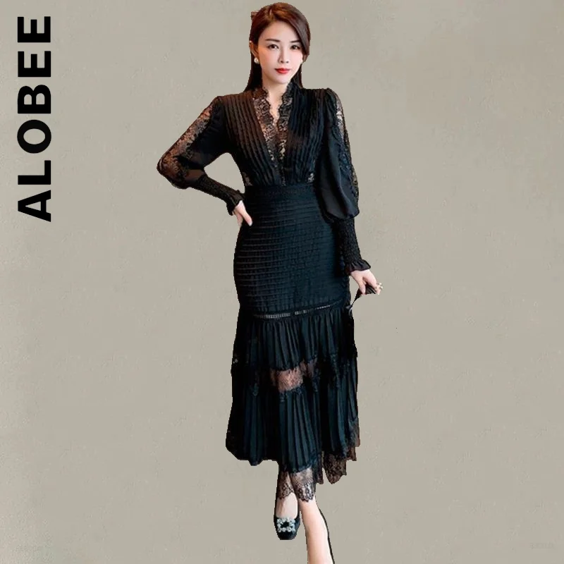 Alobee V Neck Lantern Sleeve Patchwork Lace Bodycon Slim Long Dress Simple Streetwear Elegant Vestidos Female Woman Clothes
Alobee V Neck Lantern Sleeve Patchwork Lace Bodycon Slim Long Dress Simple Streetwear Elegant Vestidos Female Woman Clothes