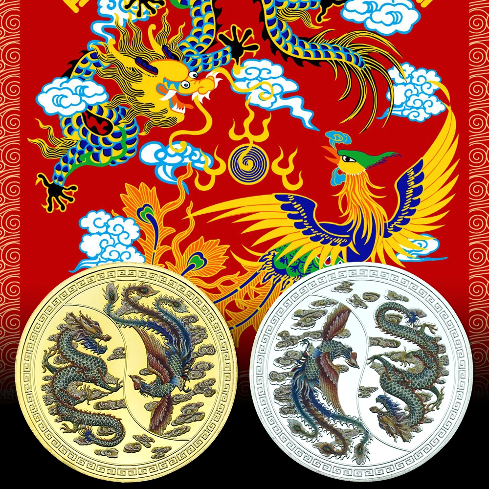 Dragon and Phoenix Coins Gold Sliver Coin Metal Coins Collectibles Chinese Yellow Dragon Coin Souvenir Retro Style Wedding Gift
Dragon and Phoenix Coins Gold Sliver Coin Metal Coins Collectibles Chinese Yellow Dragon Coin Souvenir Retro Style Wedding Gift