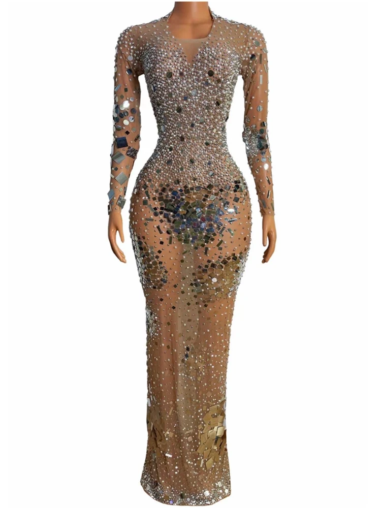 Nude Perspective Shining Mirror Sequins Rhinestones Sexy Long Split Dress For Women Evening Banquet Clothing Stage Costumes
Nude Perspective Shining Mirror Sequins Rhinestones Sexy Long Split Dress For Women Evening Banquet Clothing Stage Costumes