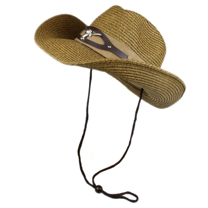 

Vintage Retro Big Cowhead OX Head Leather Belt Hollowed Out Women Men Straw Wide Brim Beach Cowboy Cowgirl Western Sun Hat