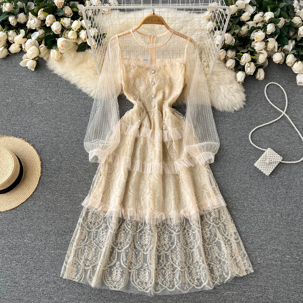 Women's Spring Summer New Fashion Round Neck Lace Embroidery Retro Korean Slim Chiffon Long Sleeve Dress Elegant Vestidos E642 
Women's Spring Summer New Fashion Round Neck Lace Embroidery Retro Korean Slim Chiffon Long Sleeve Dress Elegant Vestidos E642