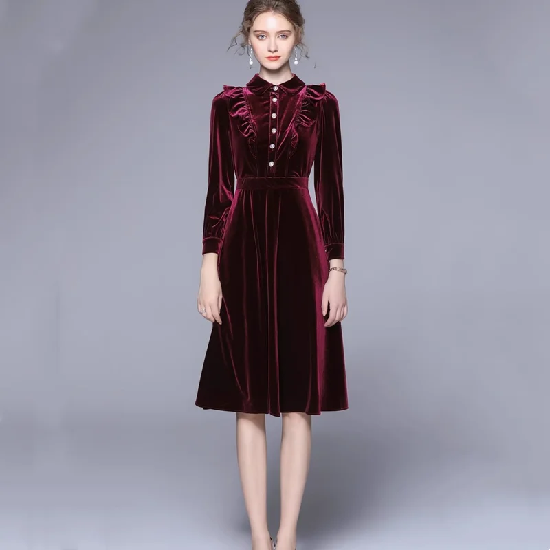 New Women's Long Sleeve Turn Down Collar Dress Autumn And Winter Ruffles Patchwork Velvet Elegant High Waist Vestidos
New Women's Long Sleeve Turn Down Collar Dress Autumn And Winter Ruffles Patchwork Velvet Elegant High Waist Vestidos