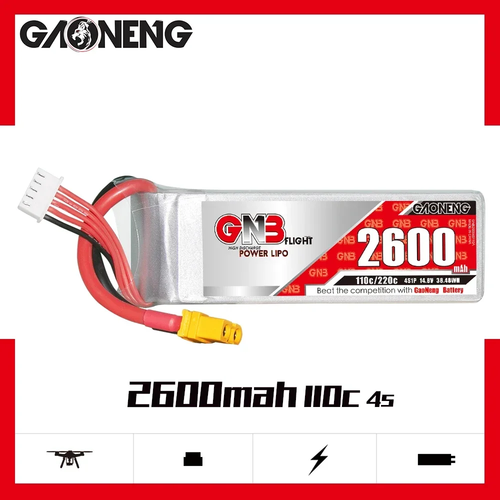 Gaoneng GNB 2600mAh 4S1P 14.8V 110C/220C Lipo Battery With XT60 Plug For RC Car Boat Helicopter Airplane FPV Racing Drone Parts
Gaoneng GNB 2600mAh 4S1P 14.8V 110C/220C Lipo Battery With XT60 Plug For RC Car Boat Helicopter Airplane FPV Racing Drone Parts