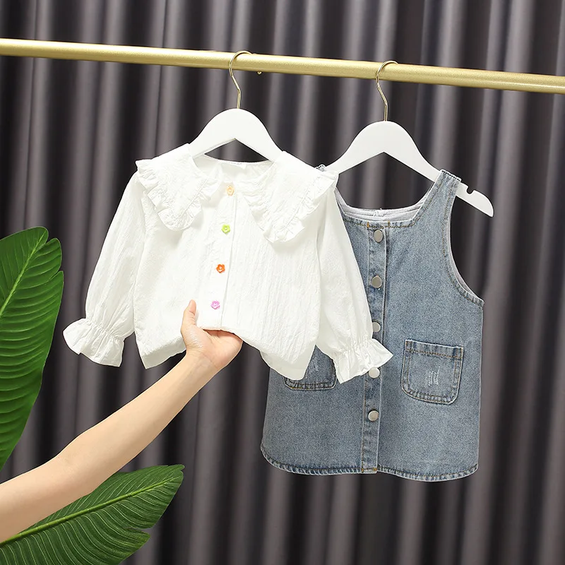 

Baby Gilrs Fashion Doll Spring Autumn Collar Shirt + Cowboy Dress Child Princess 2pcs Clothes Set Kids