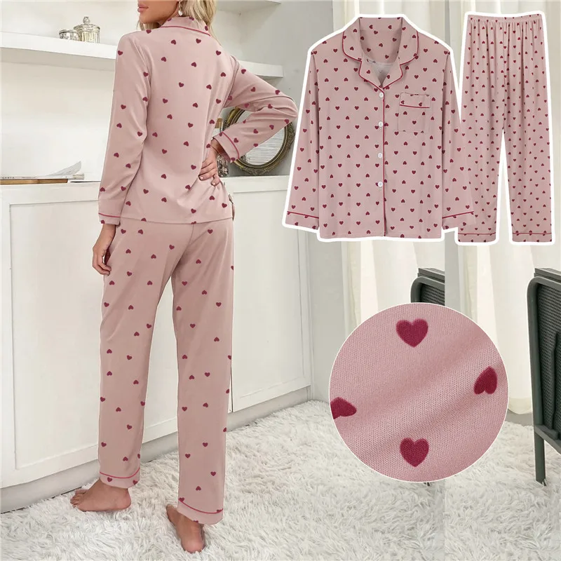 Ladies Pajamas Set Heart Printed Sleepwear Milk Silk Turn-down Collar Long-sleeve Trousers Household Wear Femme Pyjama Nightwear
Ladies Pajamas Set Heart Printed Sleepwear Milk Silk Turn-down Collar Long-sleeve Trousers Household Wear Femme Pyjama Nightwear
