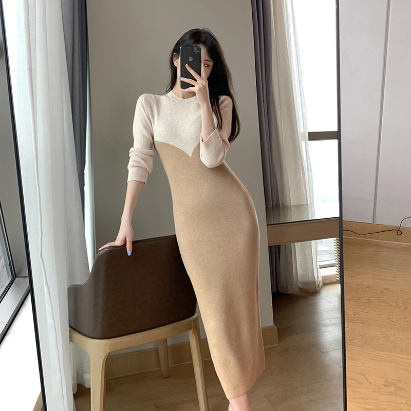 Midi Bodycon Dress Women Bottoming Knitted Autumn Winter Korean Sexy Sheath Long Sleeve Contrast Color Sweater Dresses
Midi Bodycon Dress Women Bottoming Knitted Autumn Winter Korean Sexy Sheath Long Sleeve Contrast Color Sweater Dresses