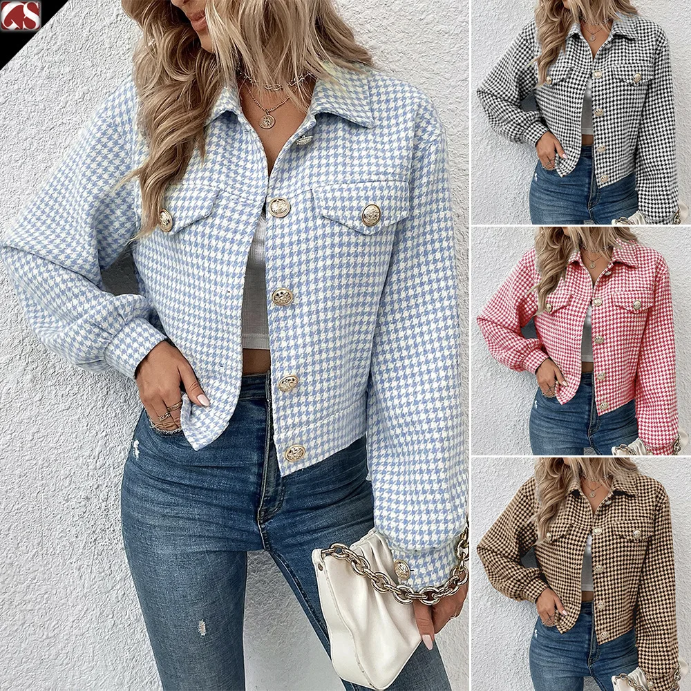 

Fall/Winter 2023 Women's Coat Lapel Single Breasted Houndstooth Checked Jacquard Jacket Commuter Jacket Woman