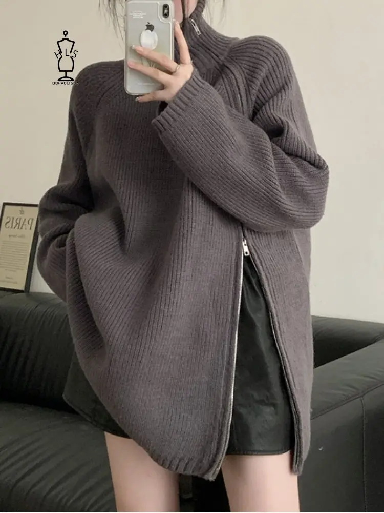 

Осенне-зимние женские свитера с высоким воротником Новинка 2023 в Корейском стиле Модные свободные женские топы для ленивых женщин Универсальный пуловер с боковой молнией свитер