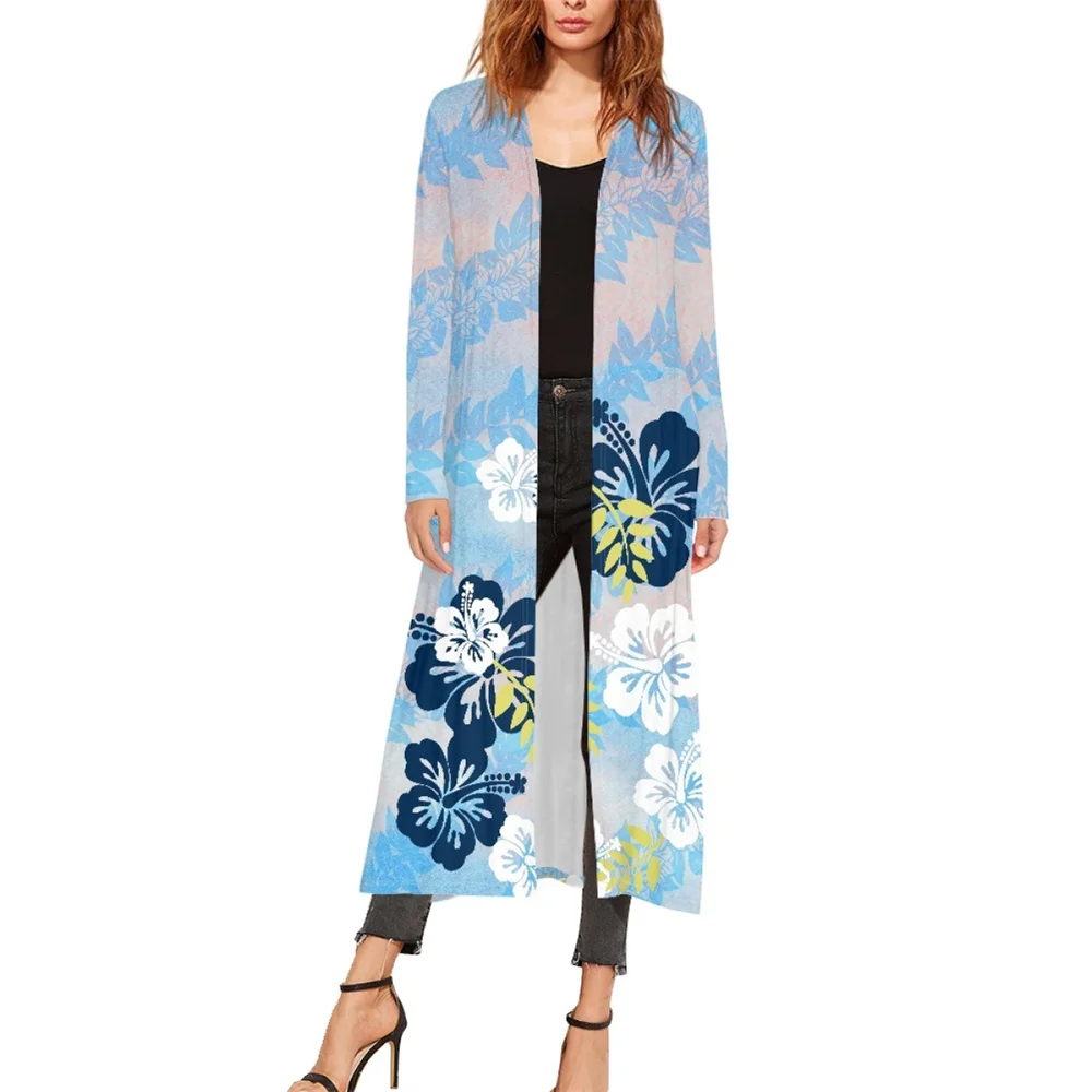 

Polynesian Tribal Fiji Hibisci Design Women Spring Long Sleeve Cardigan Kimono Trench Coat Hawaiian Island National Style Tops