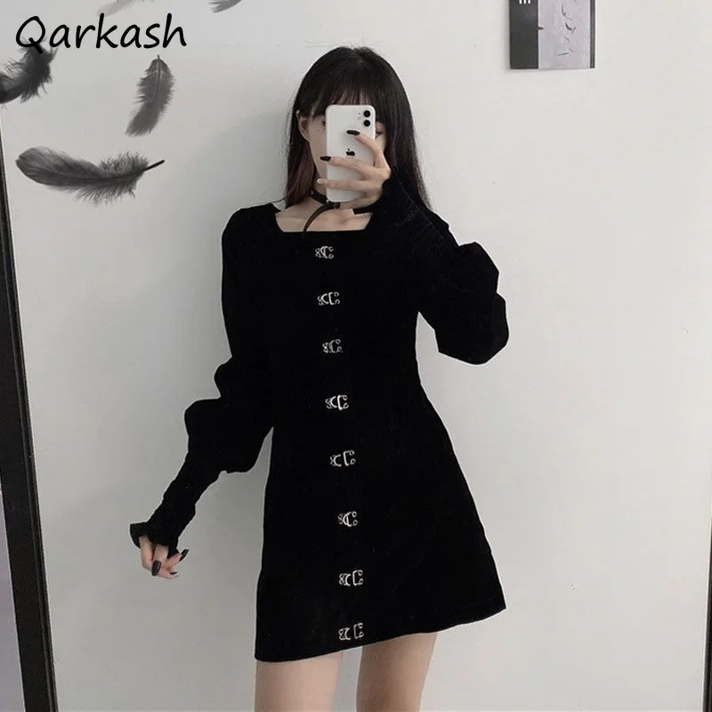 

Dresses Women Retro Black Solid Autumn Tunic Harajuku Vestidos Ladies Party Wear Simple Empire A-line All-match Inside Leisure