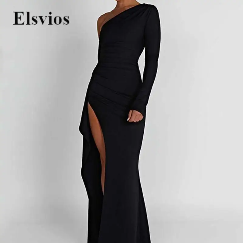 

Fashionable Elegant Black Long Dress Sexy Off Shoulder Skew Collar Slim Party Dress Women Draped Ruffles High Slit Evening Dress