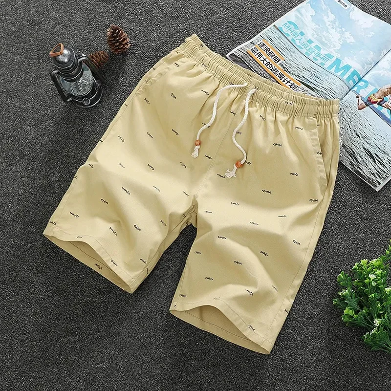 

Summer Cotton Casual Shorts Men Drawstring Elastic Waist Breathable Beach Mens Print Slim Fit Bermuda Joggers Knee Length