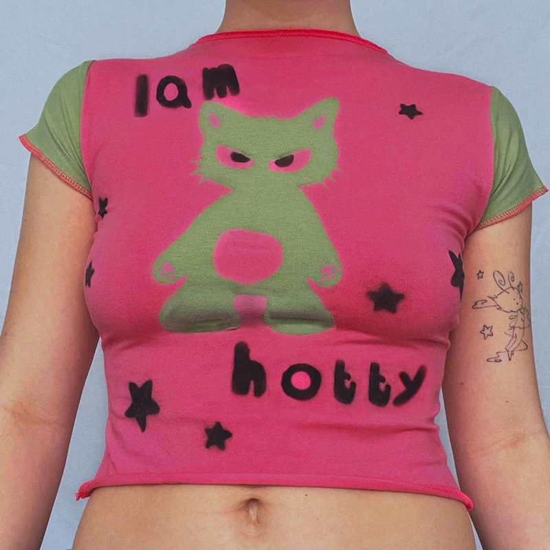 Harajuku Cartoon Print Pink Crop Top Y2K Aesthetic Vintage Cropped Tops Summer Short Sleeve Slim Fit Tees Clothes
Harajuku Cartoon Print Pink Crop Top Y2K Aesthetic Vintage Cropped Tops Summer Short Sleeve Slim Fit Tees Clothes