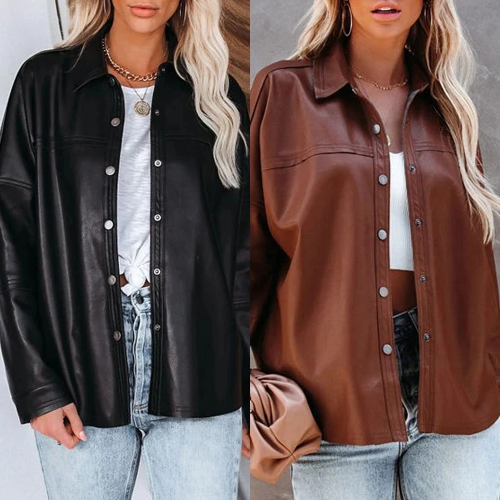 Women Faux Leather Shirt Jacket Side Pockets Moto Biker Coat Stylish Long PU Leather Coat Long Sleeve Jackets Vintage Streetwear
Women Faux Leather Shirt Jacket Side Pockets Moto Biker Coat Stylish Long PU Leather Coat Long Sleeve Jackets Vintage Streetwear