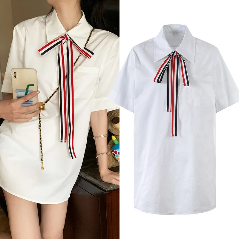 High Quality TB White Shirt Skirt 2023 Summer New Korean Edition Simple Loose Short Sleeve Ribbon Bow Casual Dress
High Quality TB White Shirt Skirt 2023 Summer New Korean Edition Simple Loose Short Sleeve Ribbon Bow Casual Dress