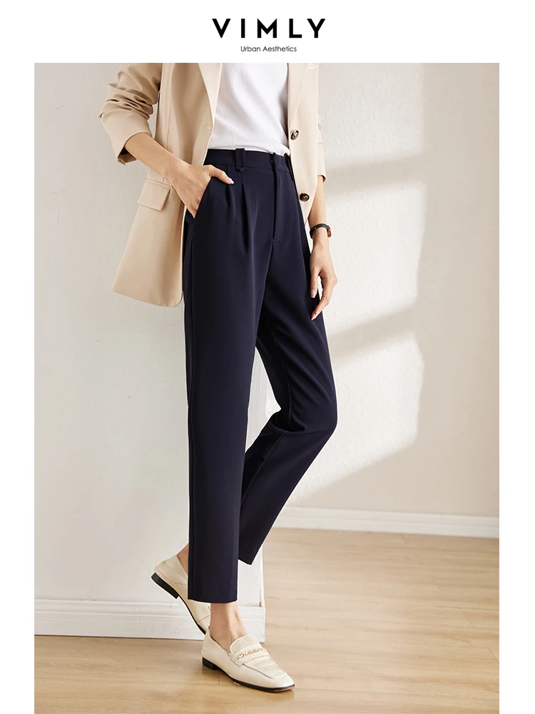 

Vimly Navy High Waist Suit Pants for Women 2023 Spring Fashion Front Pleated Loose Ankle-length Solid Woman Pant Casual Trousers