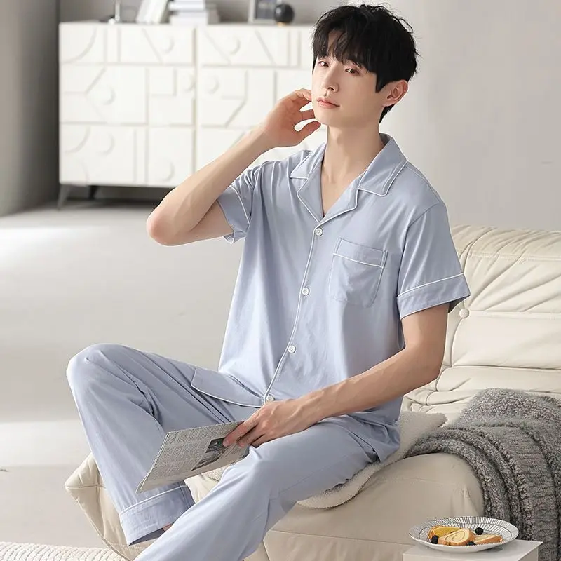 WHYY Summer Knitted Cotton Mens Pyjamas Casual Short Tops Lattice Long Pants Sets V-neck Pajamas Fashion Men Sleepwear 5XL
WHYY Summer Knitted Cotton Mens Pyjamas Casual Short Tops Lattice Long Pants Sets V-neck Pajamas Fashion Men Sleepwear 5XL