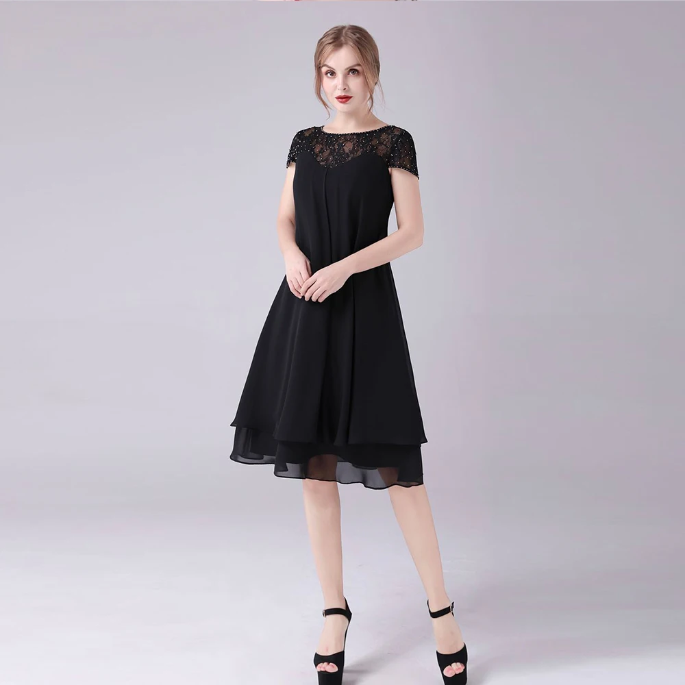 Black Chiffon Mother of the Bride Dresses Jewel Neck Short Sleeves Knee-Length Wedding Party Gowns Beaded Lace فساتين السهرة
Black Chiffon Mother of the Bride Dresses Jewel Neck Short Sleeves Knee-Length Wedding Party Gowns Beaded Lace فساتين السهرة