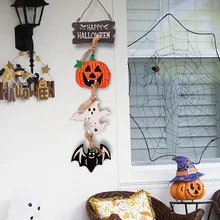 2023 Happy Halloween Wooden Sign Door Hanging Pumpkin Ghost Bat Skull Hanging Creative Pendants Trick or Treat Party Decorations