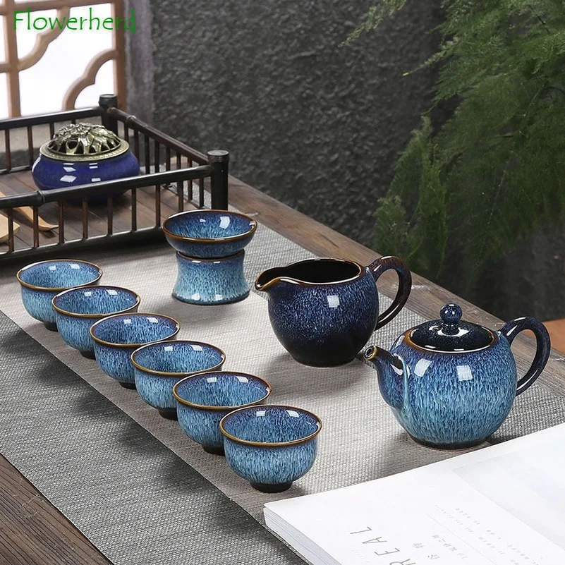 Ceramic Porcelain Tea Set Teaware Tea Cup Set of 6 Glaze Blue Kiln Changed Rabbit Hair Brushed Tea Set Teapot Cover Bowl
Ceramic Porcelain Tea Set Teaware Tea Cup Set of 6 Glaze Blue Kiln Changed Rabbit Hair Brushed Tea Set Teapot Cover Bowl