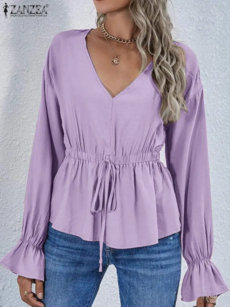 Solid Blouse Women's V Neck Tops ZANZEA Fashion Flare Sleeve Blusas Casual Drawstring Shirt Elegant OL Camisas Oversized Chemise
Solid Blouse Women's V Neck Tops ZANZEA Fashion Flare Sleeve Blusas Casual Drawstring Shirt Elegant OL Camisas Oversized Chemise