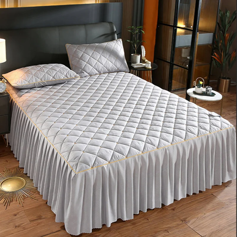 

Luxury Thicken Pink Quilted Bed Spread Queen Size Nordic High Quality Pleated Edge Bedspread on The Bed Embroidery Bedspreads