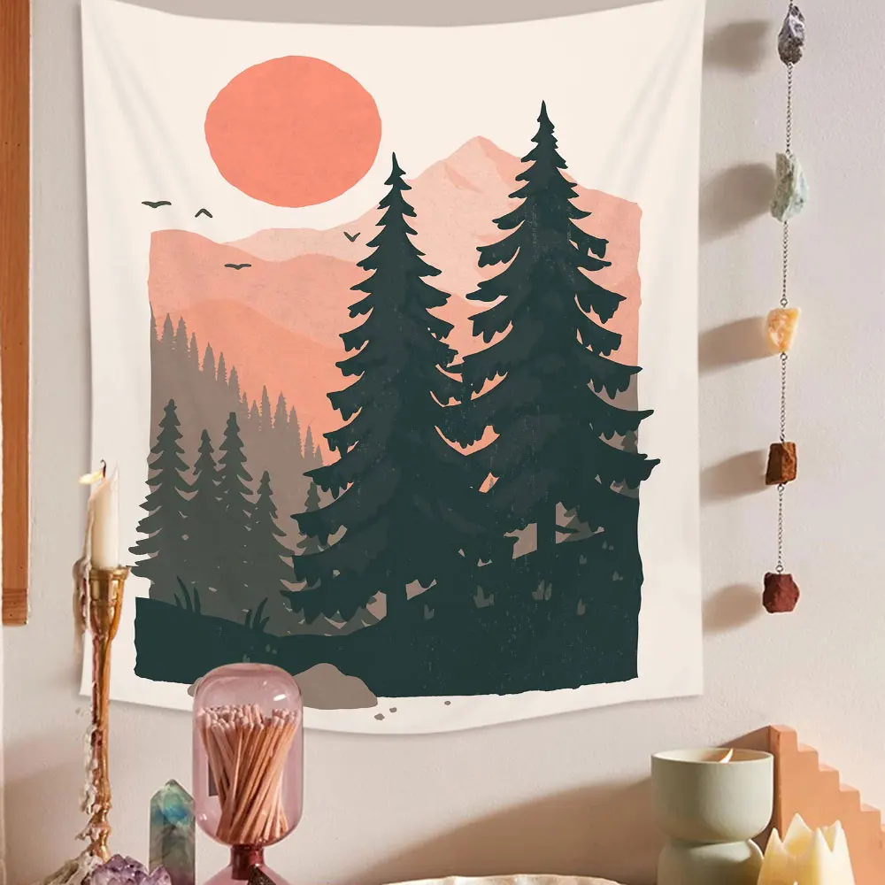 

Sun Tapestry Wall Hanging INS Sunset Mountain Forest Tapestries For Bedroom Psychedelic Sminimalist Abstract Backdrop Ceiling