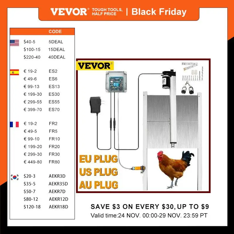 VEVOR Timing Control Chicken House Automatic Door Opener Kits US/AU/EU Plug Opening Farm 110-220V Chicken Pets Dog Door Opener
VEVOR Timing Control Chicken House Automatic Door Opener Kits US/AU/EU Plug Opening Farm 110-220V Chicken Pets Dog Door Opener