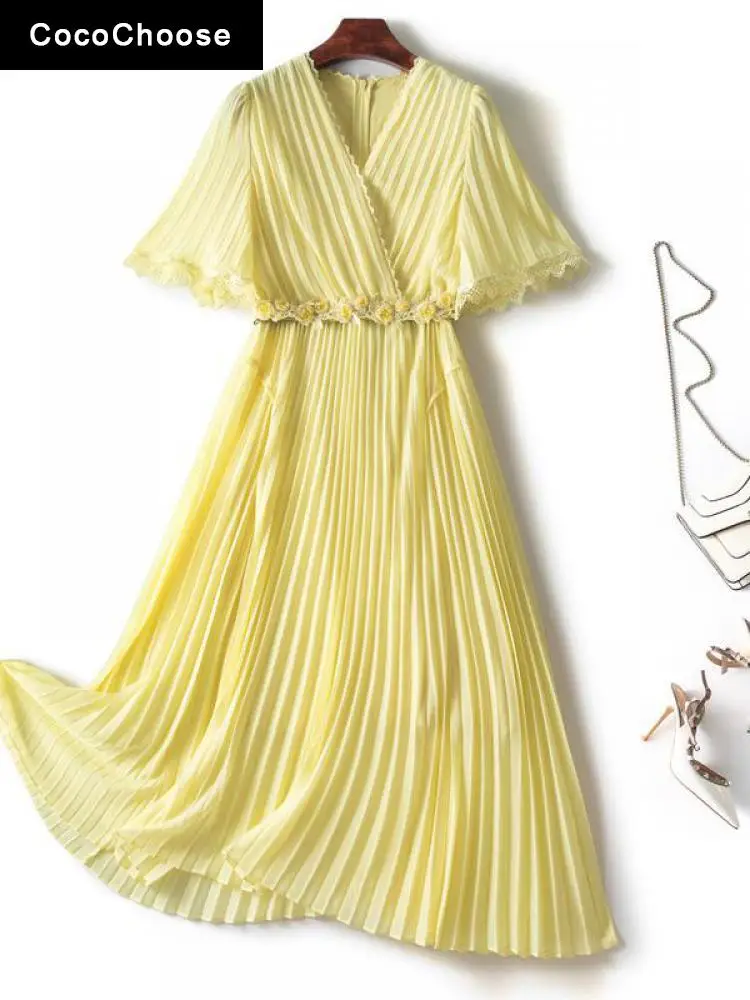 High End Party Chiffon Pleated Dresses Women Summer 2022 Fashion Elegant V-neck Short Sleeve Belted Vintage Midi Dress Yellow
High End Party Chiffon Pleated Dresses Women Summer 2022 Fashion Elegant V-neck Short Sleeve Belted Vintage Midi Dress Yellow