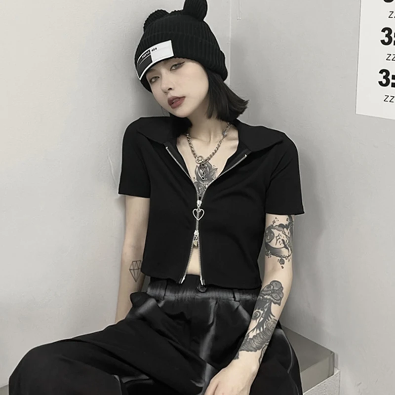 Goth Lady Zip-up Metal Heart Street Tshirt Black Gothic Female Slim Short Sleeve Casual T Shirt Summer Harajuku Sexy Crop Top
Goth Lady Zip-up Metal Heart Street Tshirt Black Gothic Female Slim Short Sleeve Casual T Shirt Summer Harajuku Sexy Crop Top