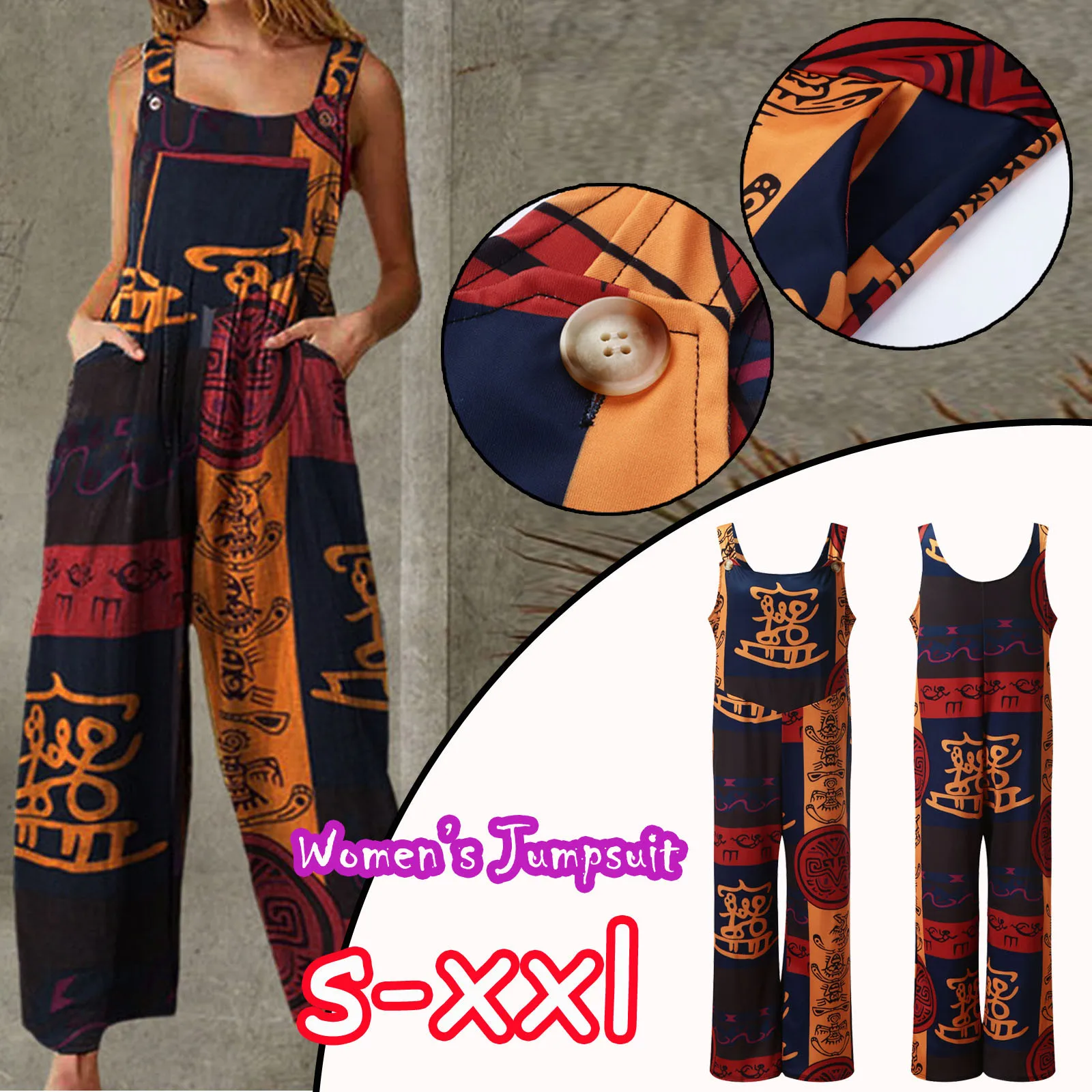 Printed Ethnic Jumpsuit Womens Vintage Suspender Patchwork Buttons Style Fashion Hang Neck Net Yarn Splicing Wide Leg Jumpsuit
Printed Ethnic Jumpsuit Womens Vintage Suspender Patchwork Buttons Style Fashion Hang Neck Net Yarn Splicing Wide Leg Jumpsuit