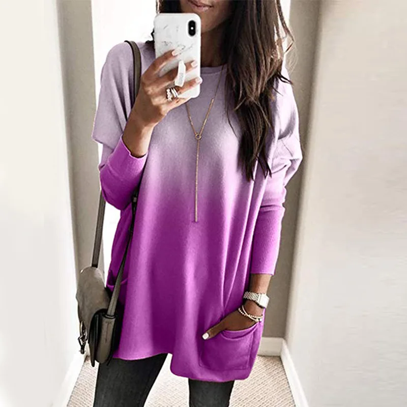 Hot Sall All-match Fashion Tops 4 Colors Oversized Women O-neck Long Sleeve Gradient Color Loose Casual T-Shirt with Pocket
Hot Sall All-match Fashion Tops 4 Colors Oversized Women O-neck Long Sleeve Gradient Color Loose Casual T-Shirt with Pocket