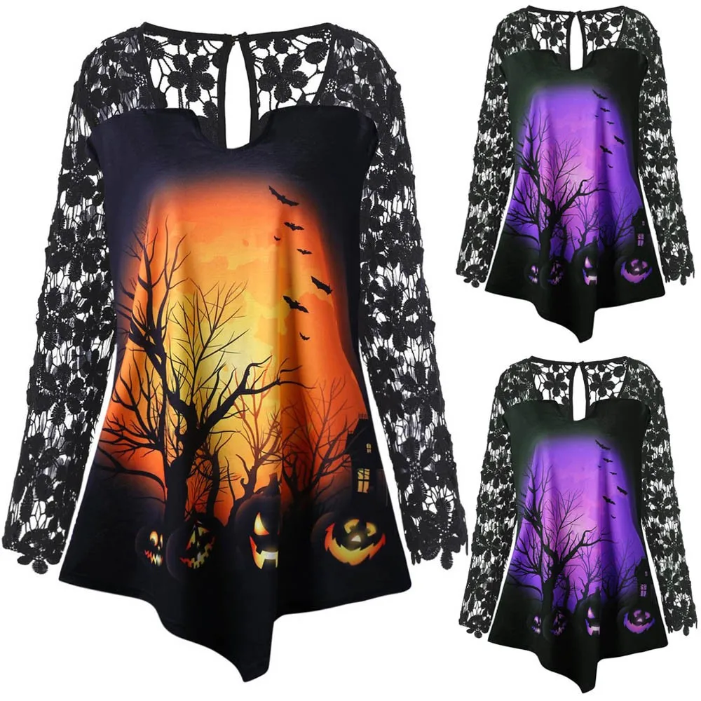 Halloween Asymmetrical T-shirt Women Blouse Size Lace Plus Patchwork Pumpkin Top Women Long Sleeves Shirts Lace Tunic plus Size 
Halloween Asymmetrical T-shirt Women Blouse Size Lace Plus Patchwork Pumpkin Top Women Long Sleeves Shirts Lace Tunic plus Size