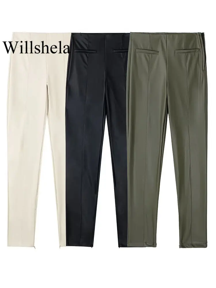 

Willshela Women Fashion PU Solid Side Zipper Trousers Vintage High Waist Female Chic Lady Slim Fitting Pants