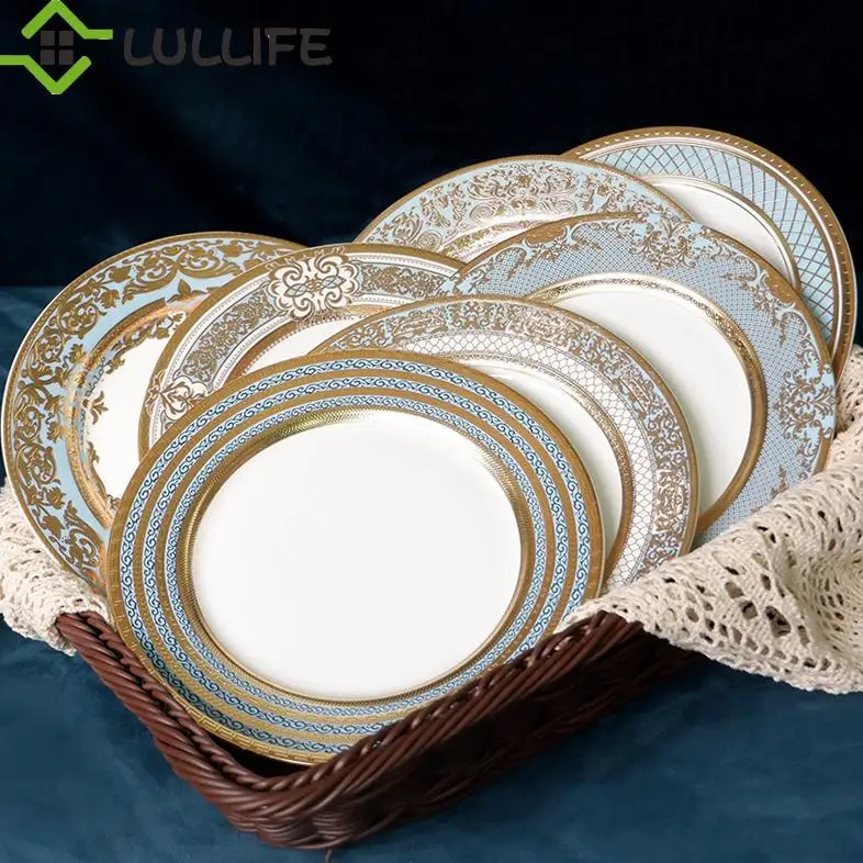 8 inch Bone China Luxury Relief Golden Inlay Flat Plate Blue Dessert Plate Classical Vintage Engraving Plates
8 inch Bone China Luxury Relief Golden Inlay Flat Plate Blue Dessert Plate Classical Vintage Engraving Plates
