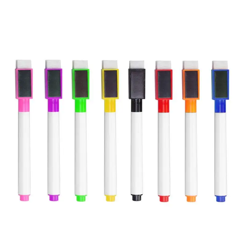 

8 шт. Магнитная цветная ручка для белой доски, черный, белый цвет, встроенный ластик, школьные принадлежности, детская ручка для рисования