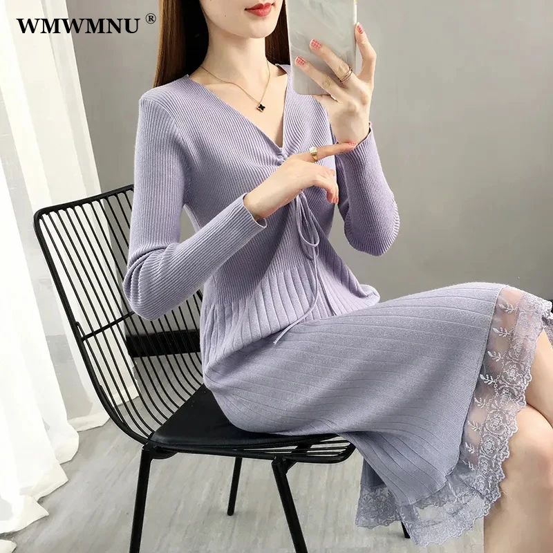 Korean v Neck Spliced Lace Knitted Dress Women Elegant Drawstring Pleated Long Sleeve Sweater Dress Spring Casual Vestidos Mujer
Korean v Neck Spliced Lace Knitted Dress Women Elegant Drawstring Pleated Long Sleeve Sweater Dress Spring Casual Vestidos Mujer