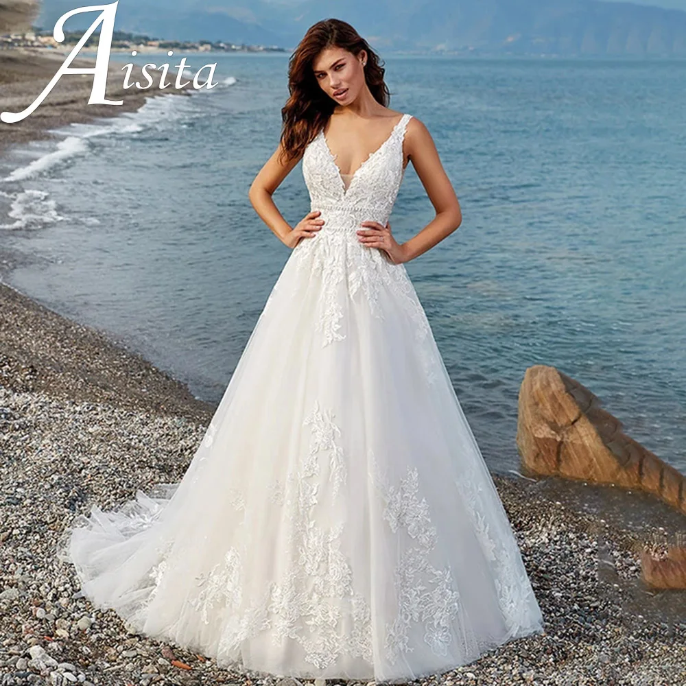 Graceful Lace Appliques Wedding Dress Deep V Neck A Line Bridal Gown Sleeveless Open Back Court Train New Vestidos De Novia
Graceful Lace Appliques Wedding Dress Deep V Neck A Line Bridal Gown Sleeveless Open Back Court Train New Vestidos De Novia