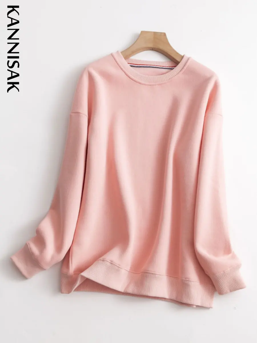 

KANNISAK Women Sweatshirt Korean Casual O-neck Oversize Solid Autumn Winter Fleece Long Sleeve Kawaii Clothes Loose Pullovers