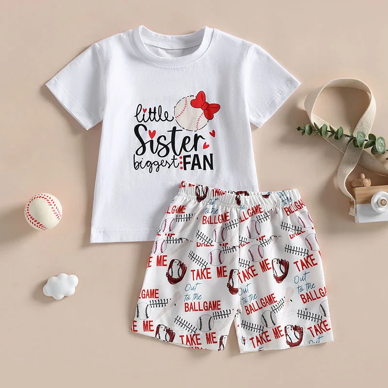 

2023-04-13 Lioraitiin 0-4Years Toddler Baby Girls 2Pcs Summer Outfit Baseball Print Short Sleeve T-shirt Elastic Shorts Set